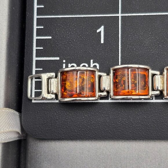Sterling Silver & Amber Link Bracelet 8" Snap Clasp Czech Republic 21.94g Signed - Picture 7 of 11